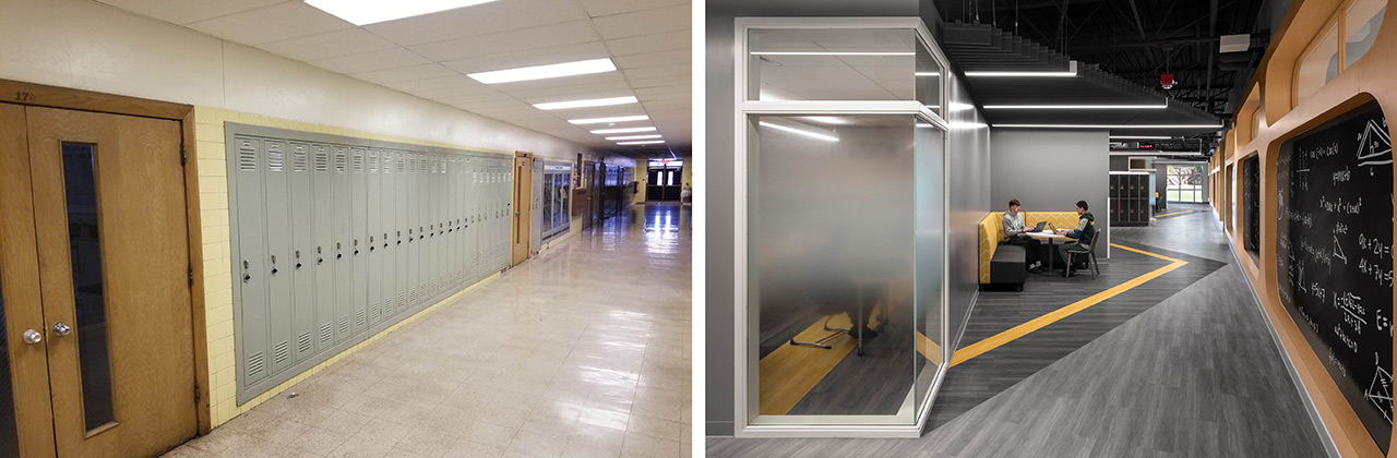 Left image shows dated high school corridor. Right image shows modern corridor.