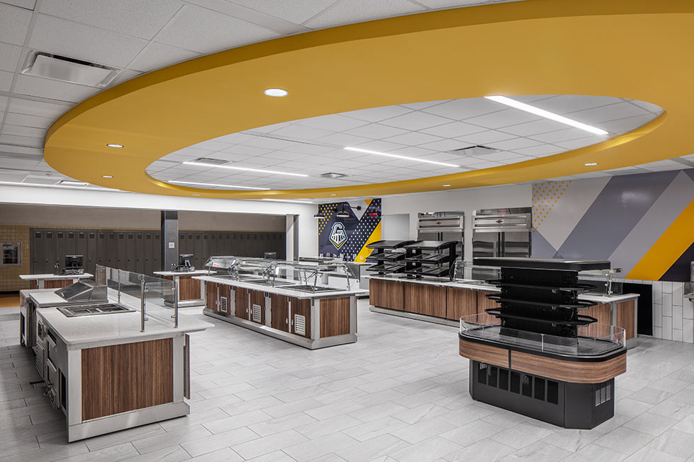 Junior senior high school cafe with yellow swirl on ceiling