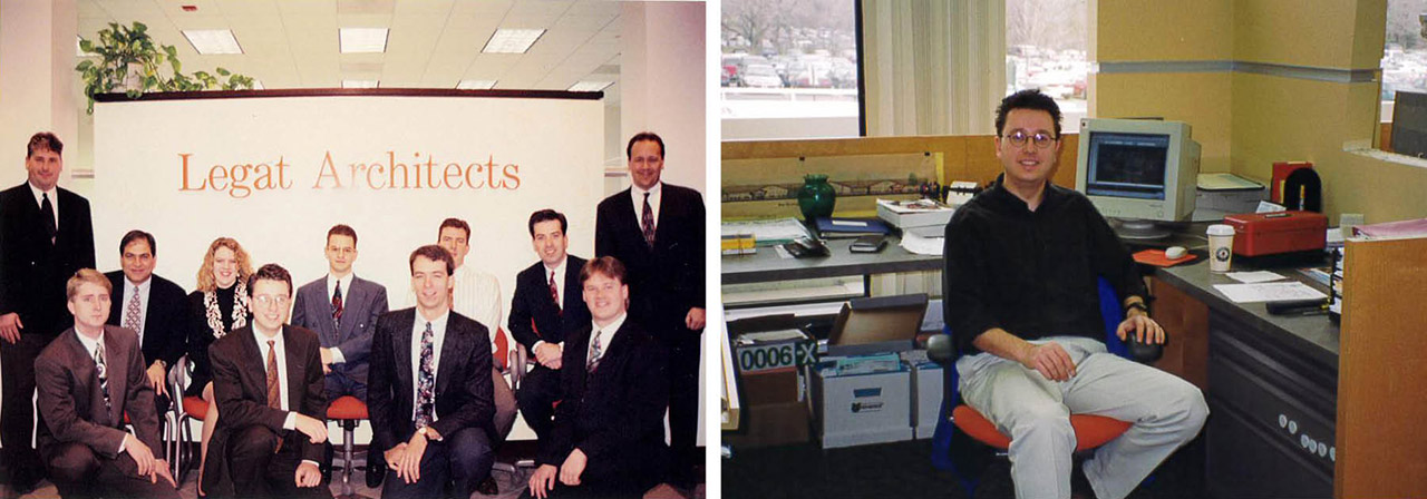 Architects wearing suits in early 1990s; architect in office sitting in front of computer