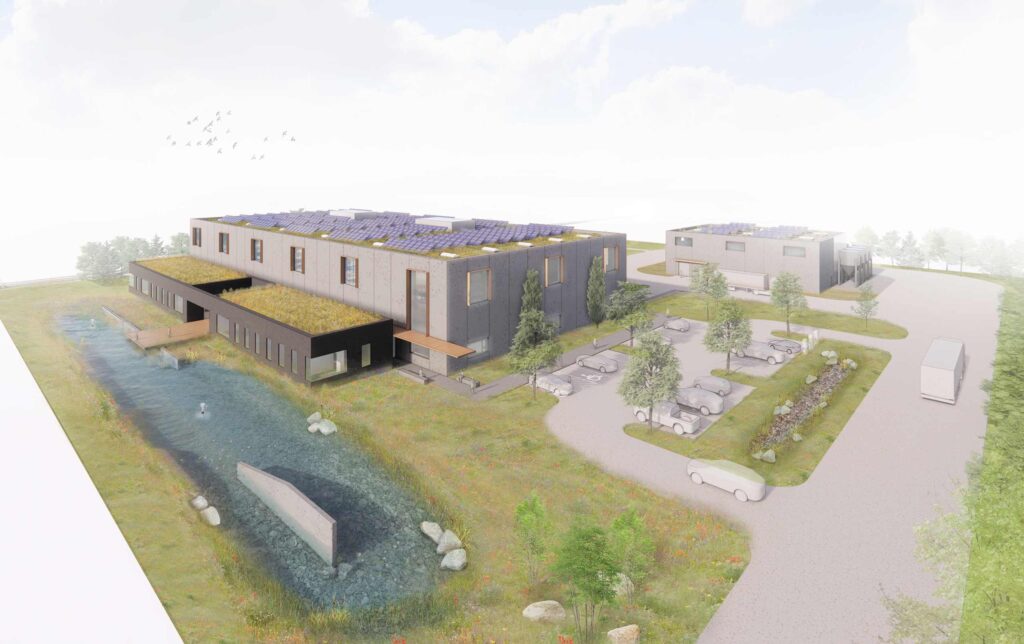 Artists's rendering of net-zero manufacturing facility with green roofs and other sustainable features