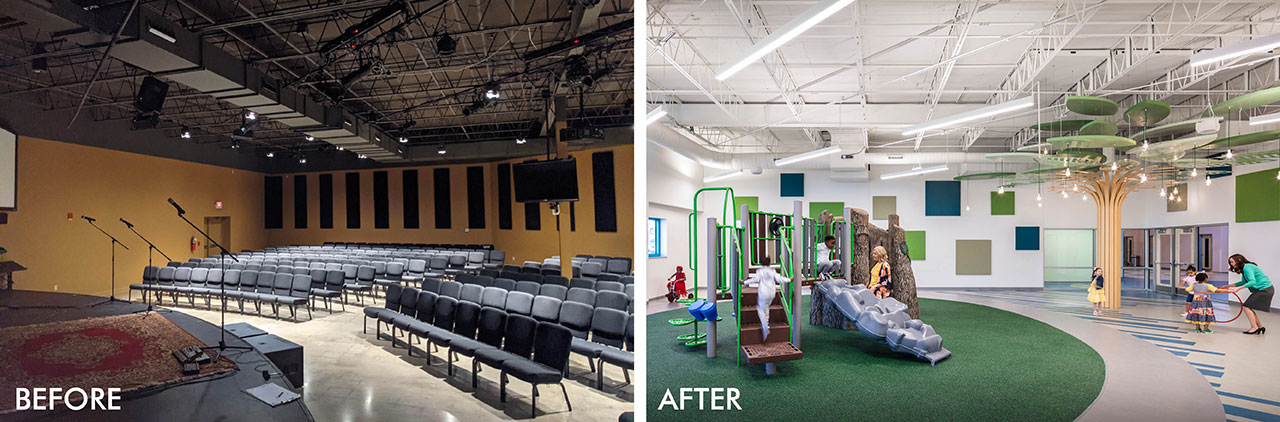 Before image of church worship space and after image of Bright Futures Preschool indoor playground with students on equipment