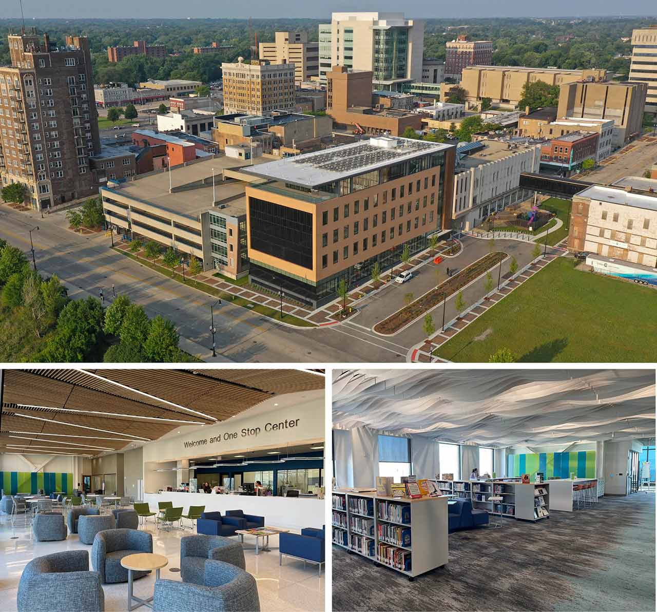 Views of College of Lake County Lakeshore Campus Student Center: aerial, Welcome and One Stop Center, library