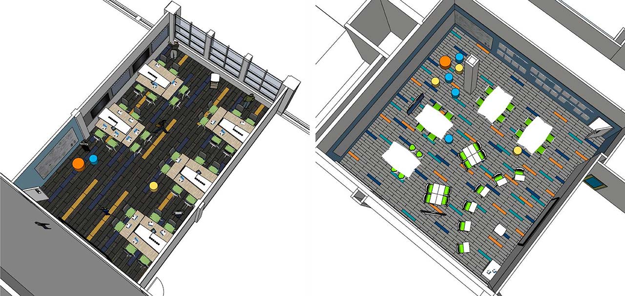 Aerial views of FOCUS classrooms showing furniture arrangement 