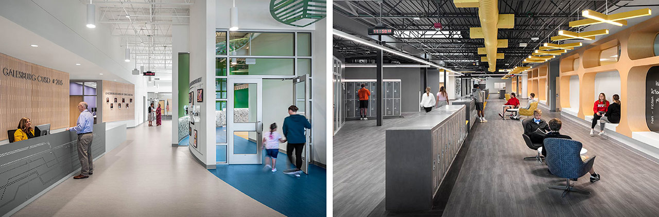 Left image school entry with reception desk on left and entrance to kindergarten on right; Right image high school corridor with students in comfortable seating