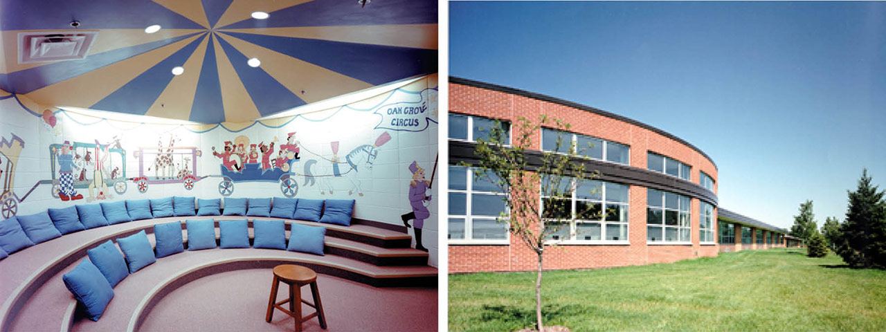 School circus-themed library; rounded masonry wall