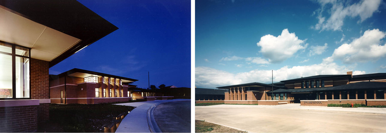 Night and daytime views of Prairie-style elementary school 
