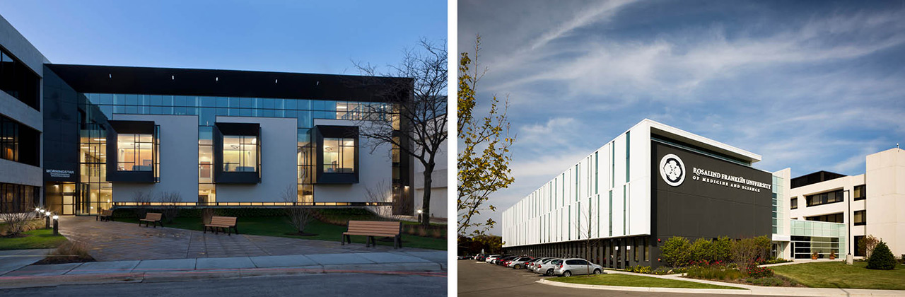 Night photo of facade with illuminated study carrels. Day photo of facade inspired by DNA sequencing.