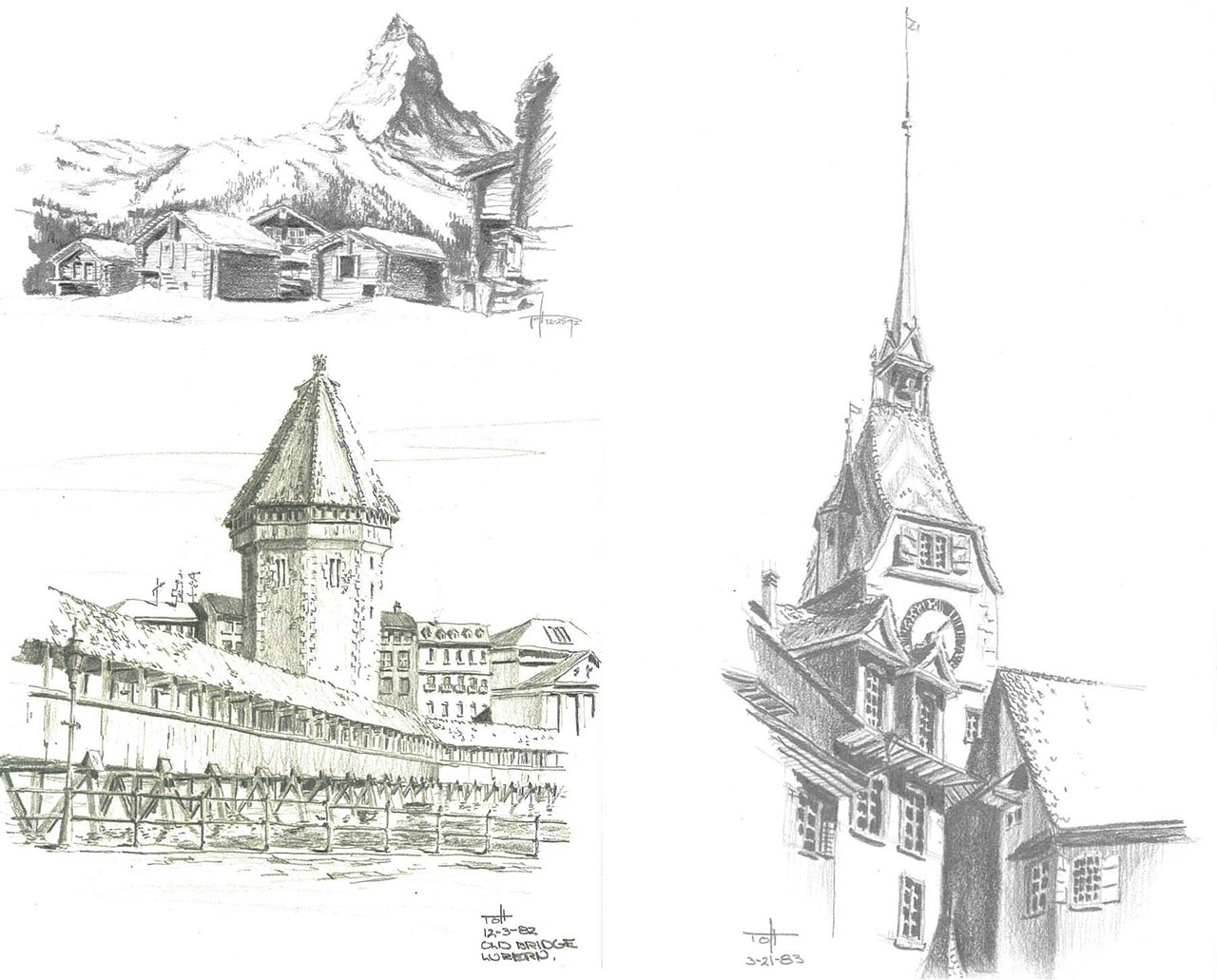 Sketches of European cottages, bridge, and clock tower