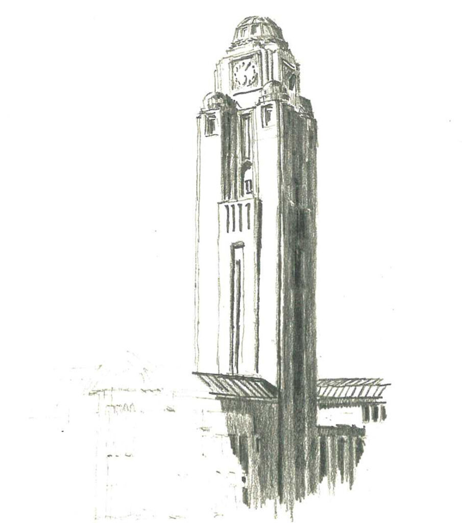 Sketch of European train station with tall clock tower