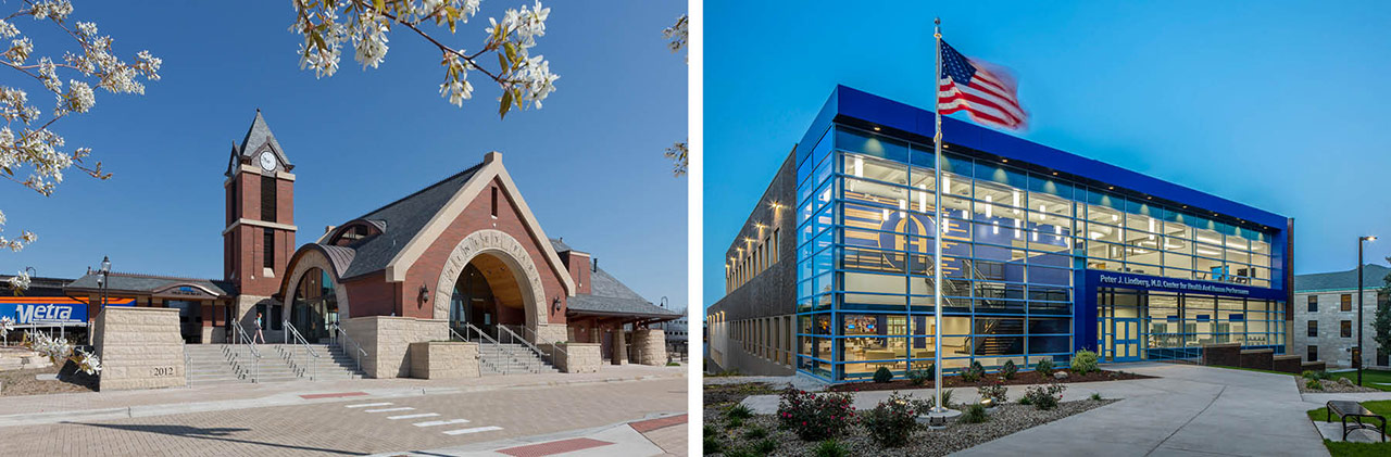 Traditional train station with masonry and rounded arch; contemporary higher education facility with glass curtain wall