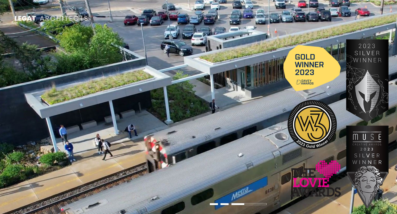 Website home page image showing train station with vegetated roof. Images of awards superimposed on image.