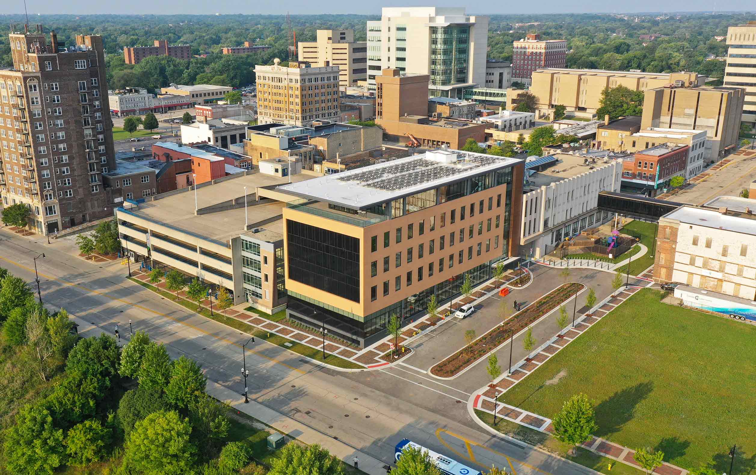 Aerial view of College of Lake County Lakeshore Campus Student Center with downtown Waukegan, Illinois in background