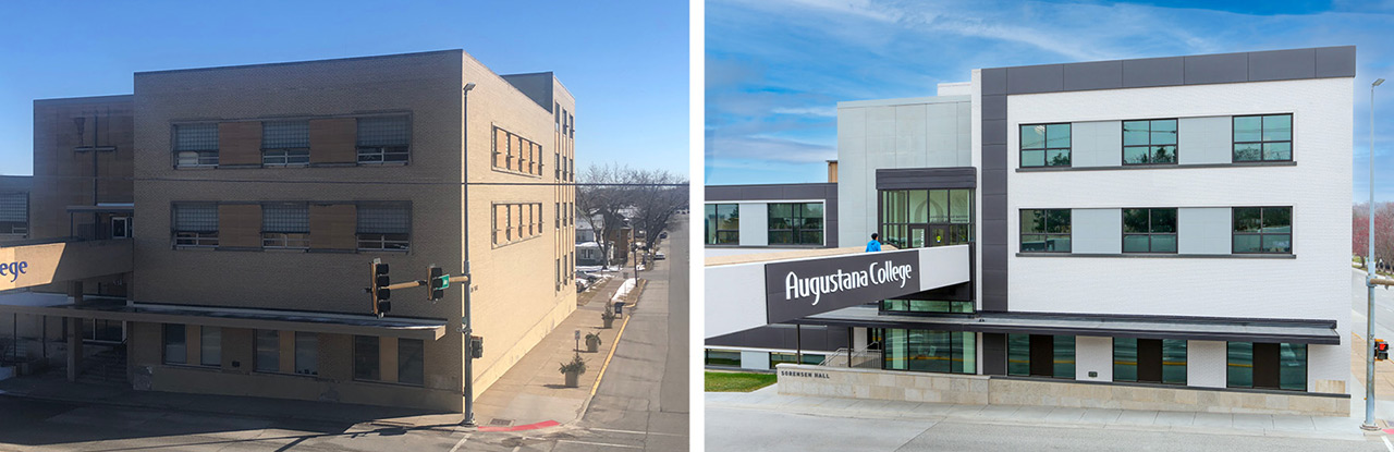 Left: Dated-looking warehouse-like facility; Right: more contemporary-looking facility with new facade