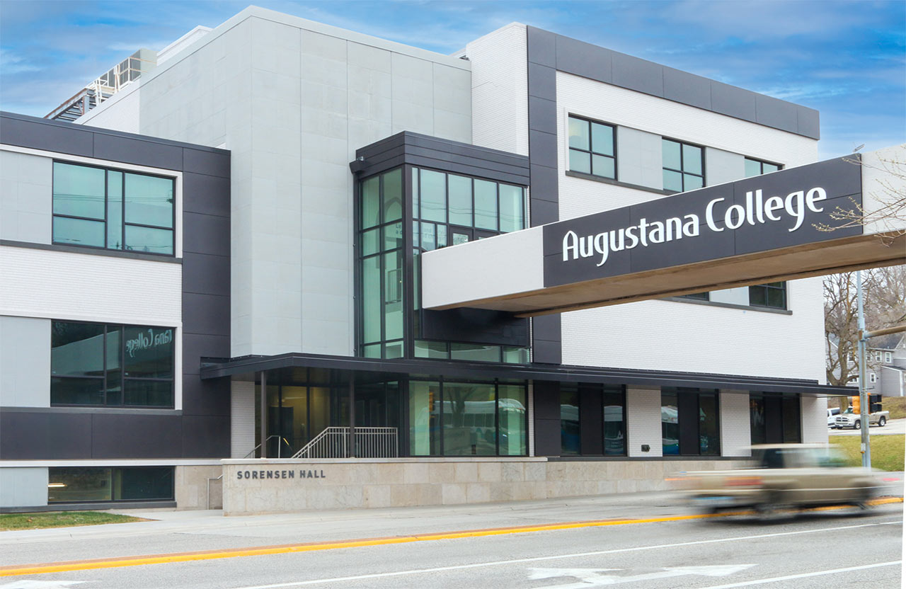 Sorensen Hall with street-level entry and walk bridge passing over street and leading to second-level entry