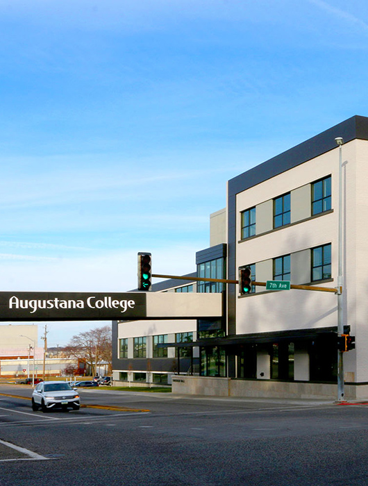 Bridge crossing over street and leading to Sorensen Hall at Augustana College