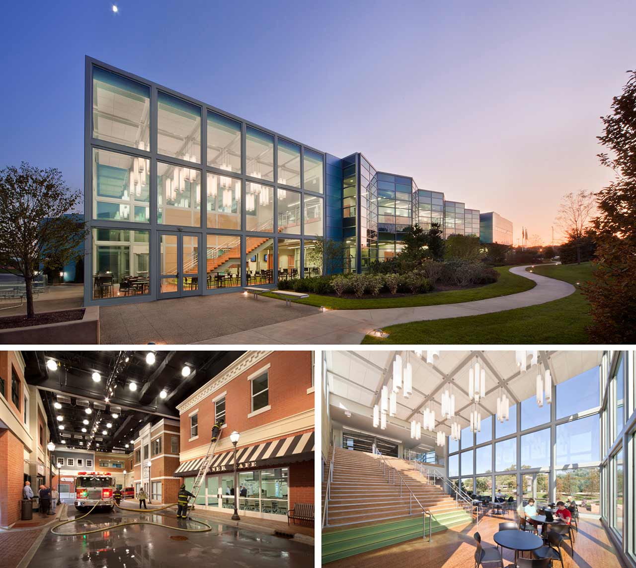 Top: nighttime view of facade with large glass wall; bottom left: interior environment resembling a village street; bottom right: lobby with large staircase and glass wall