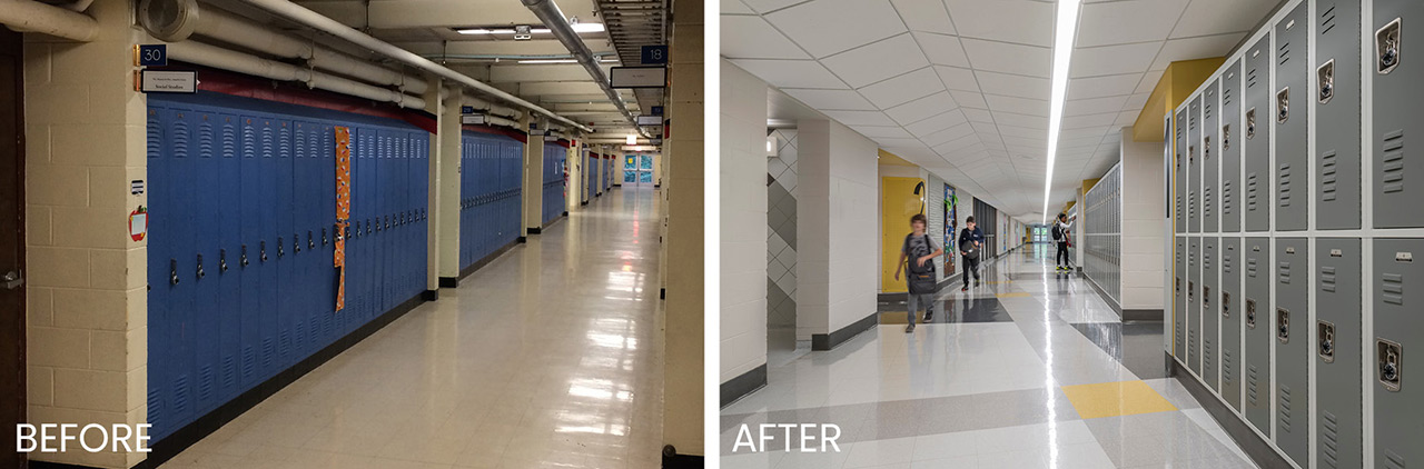 Left side: dated corridor with dull flooring and blue lockers; right side: updated corridor with folding ceiling, new lockers and flooring, and yellow accents