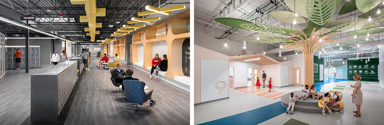 Left image: high school students in corridor with exposed ceilings and benches built into wall; right image: early learning center with students sitting beneath decorative tree