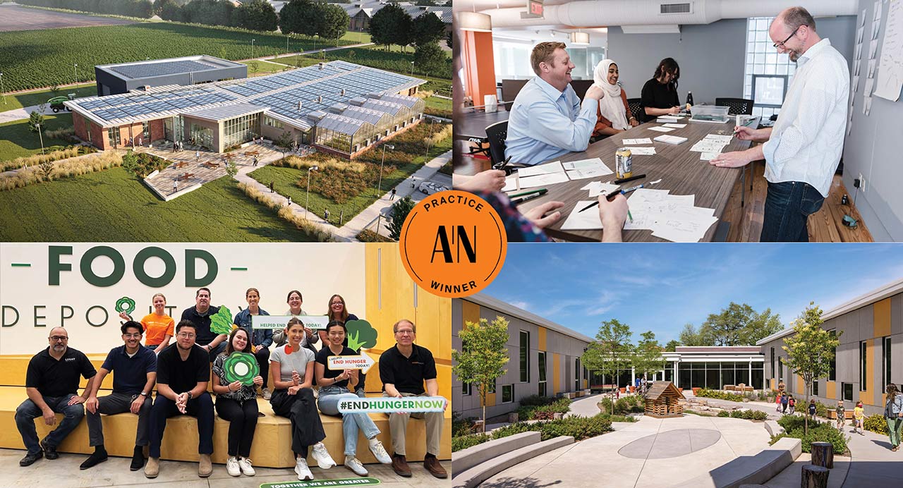 Architect's Newspaper Best of Practice badge at center of four images showing architectural renderings and photographs, architectural studio, and volunteer work