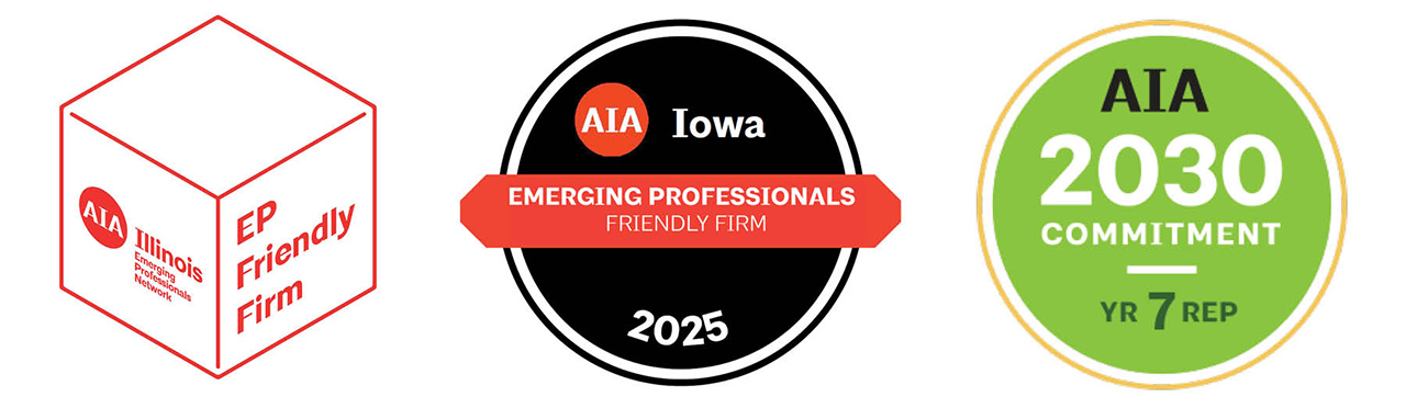 Logos for AIA Illinois EP Friendly Firm, AIA Iowa EP Friendly Firm, and AIA 2030 Commitment