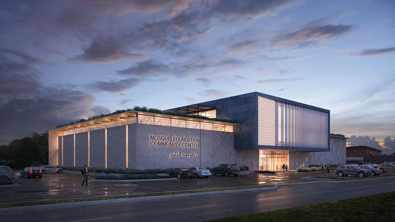 Rendering of nighttime view of Islamic community center exterior with glowing glass walls