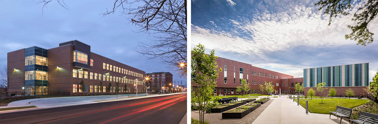 Left: school with illuminated windows.
Right: school in background with courtyard in foreground