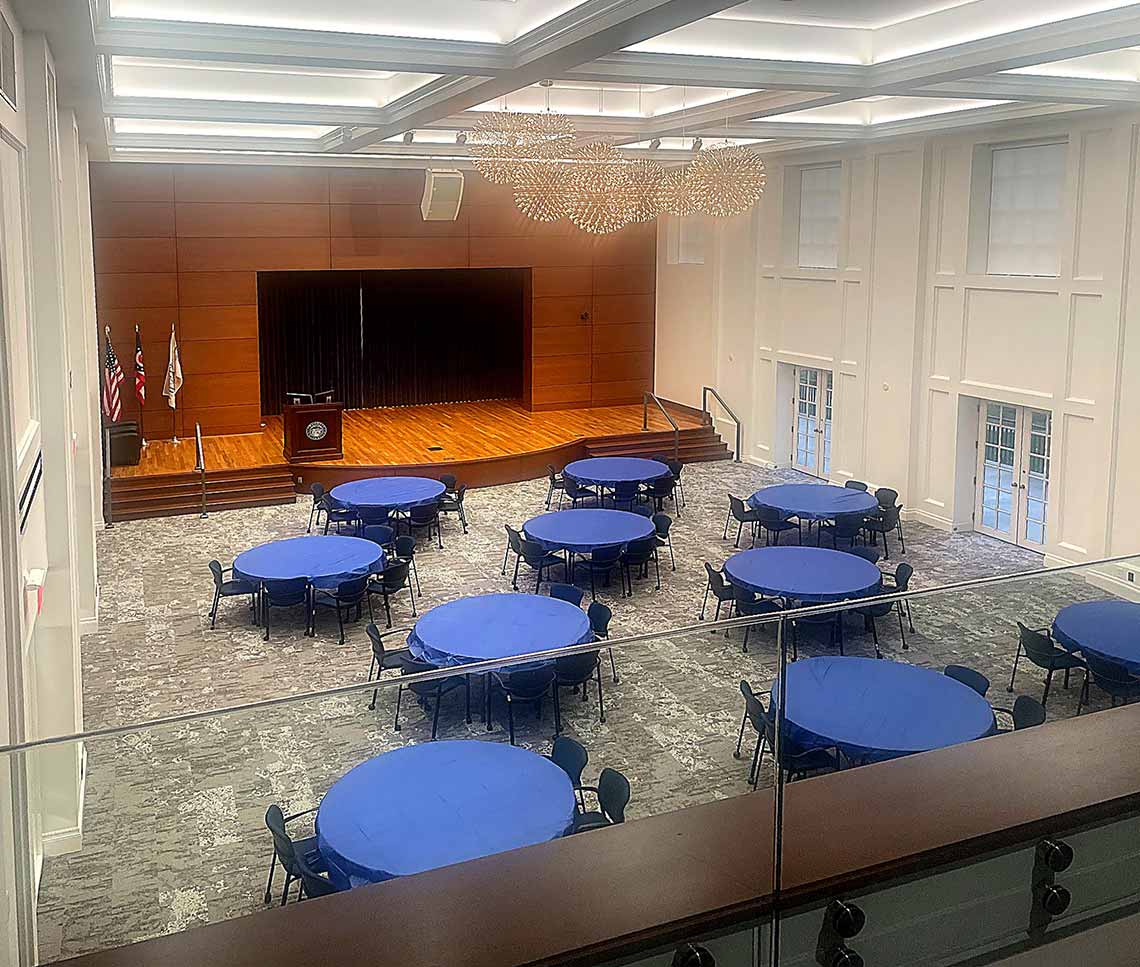 Second level view of modernized university auditorium