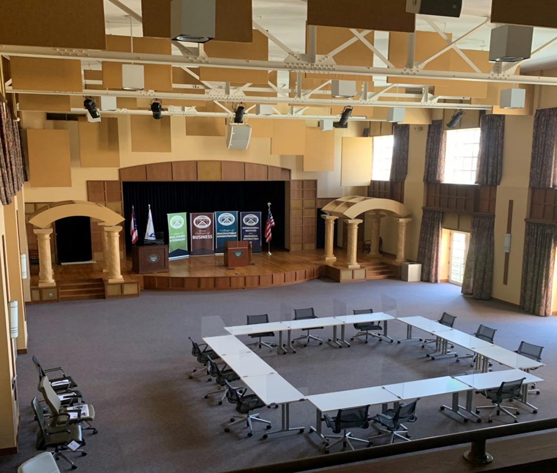 Second level view of dated college auditorium