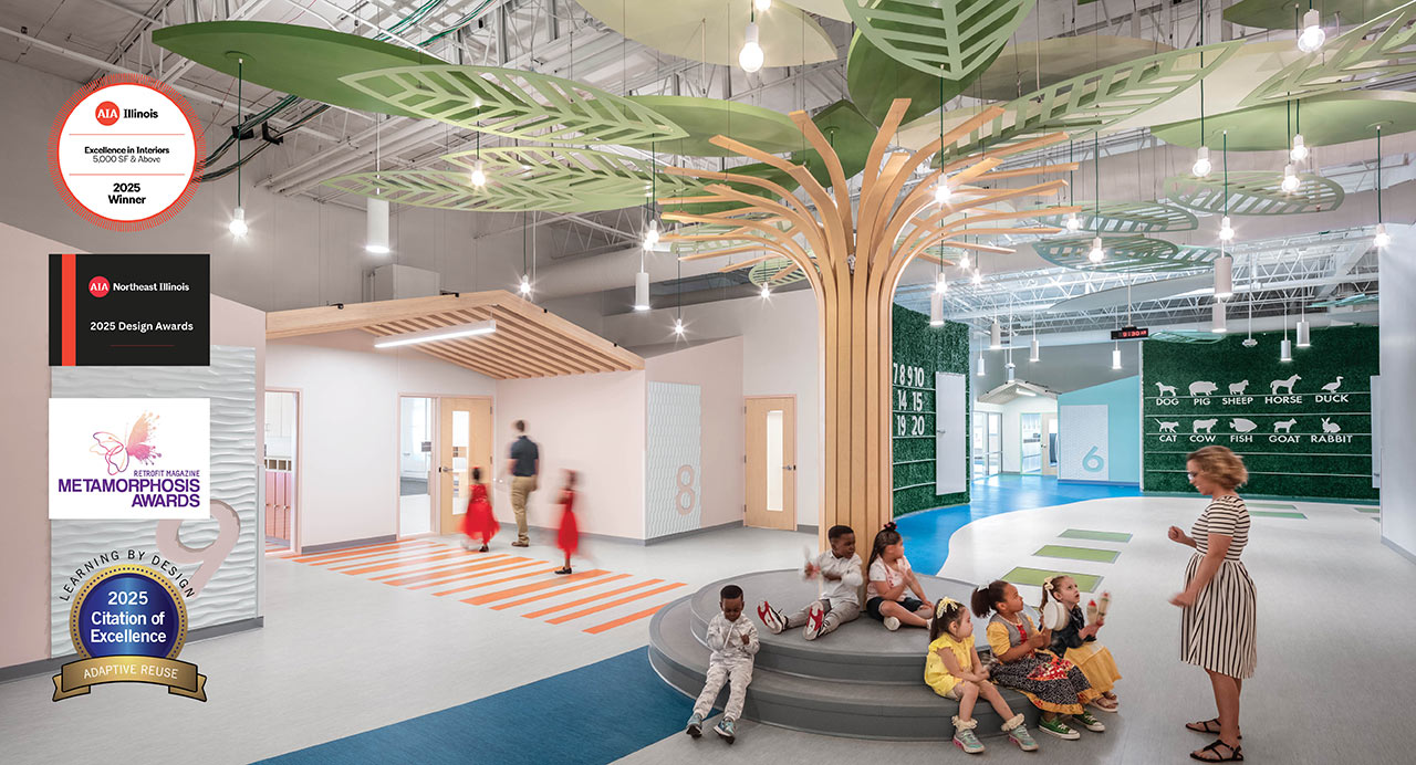 lively early learning corridor with classroom entry and students with teacher gathered around learning tree