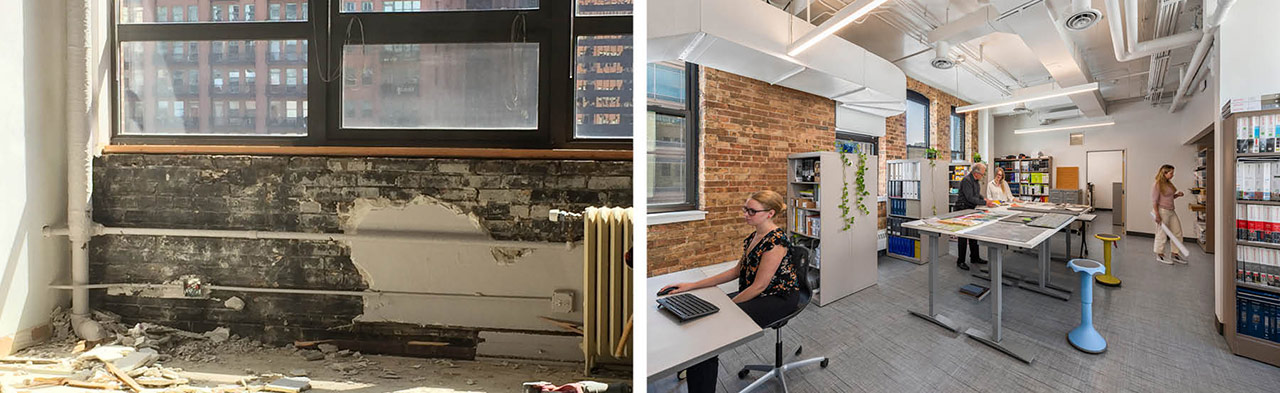 Before/after images of brick restoration in Chicago architecture studio