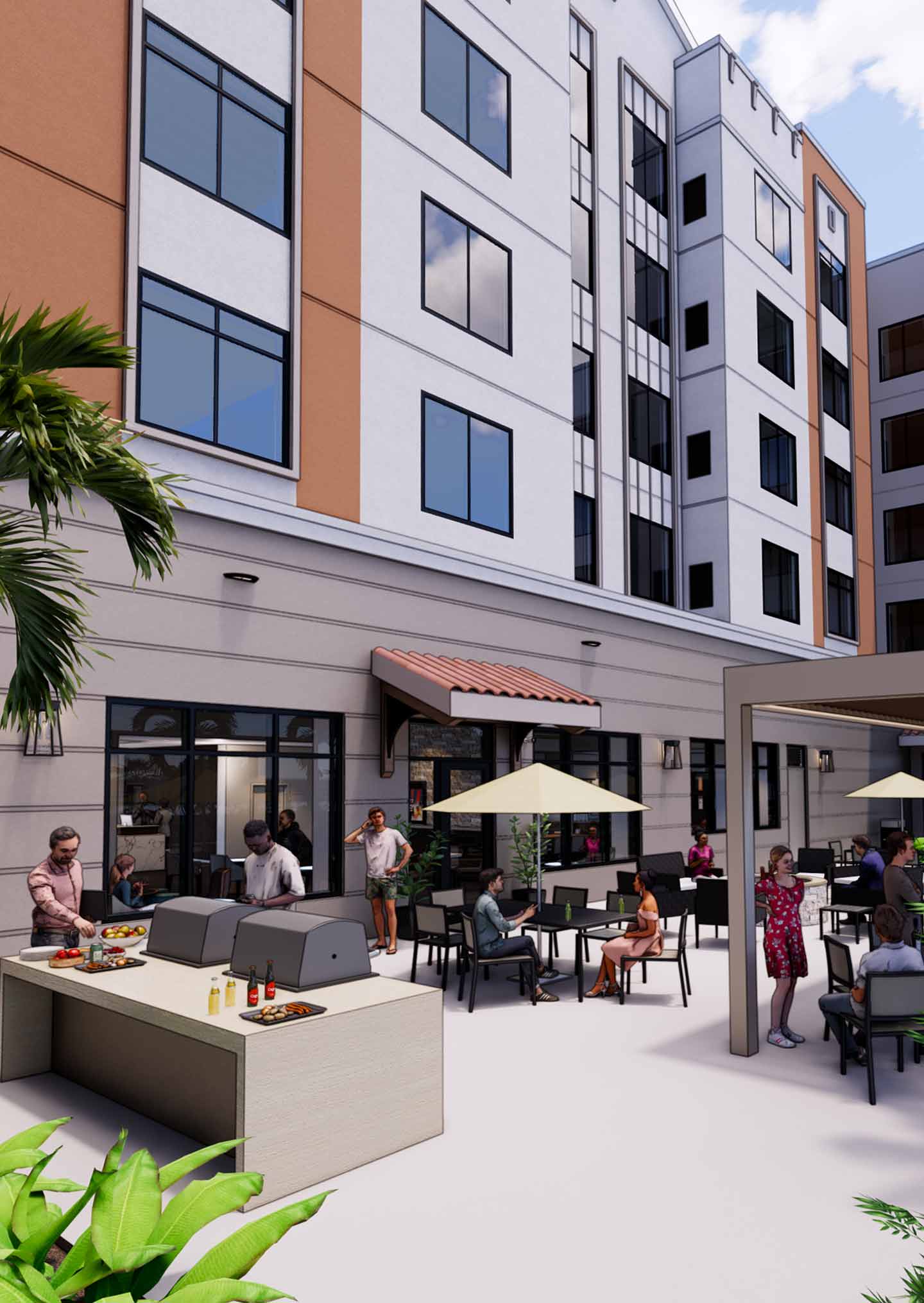 Rendering of hotel courtyard with grill, seating with umbrellas