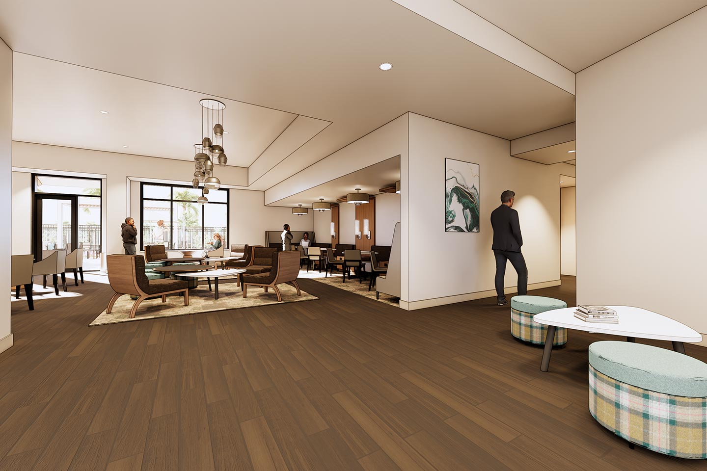 Rendering of hotel den with wood floors