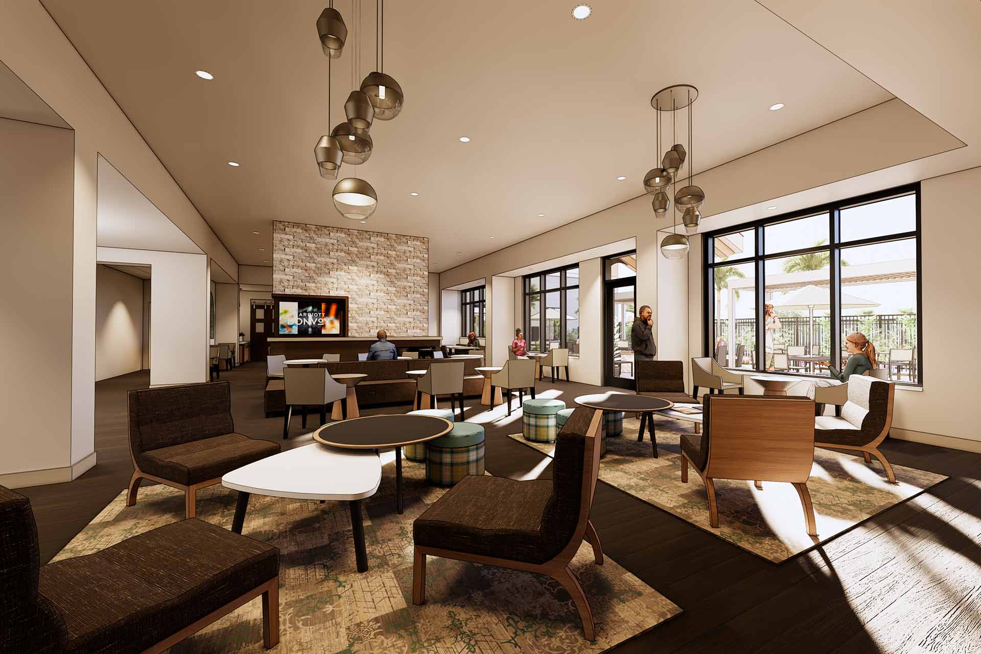 Rendering of hotel lobby with earth tones, large seating, and views to outdoors with palm trees