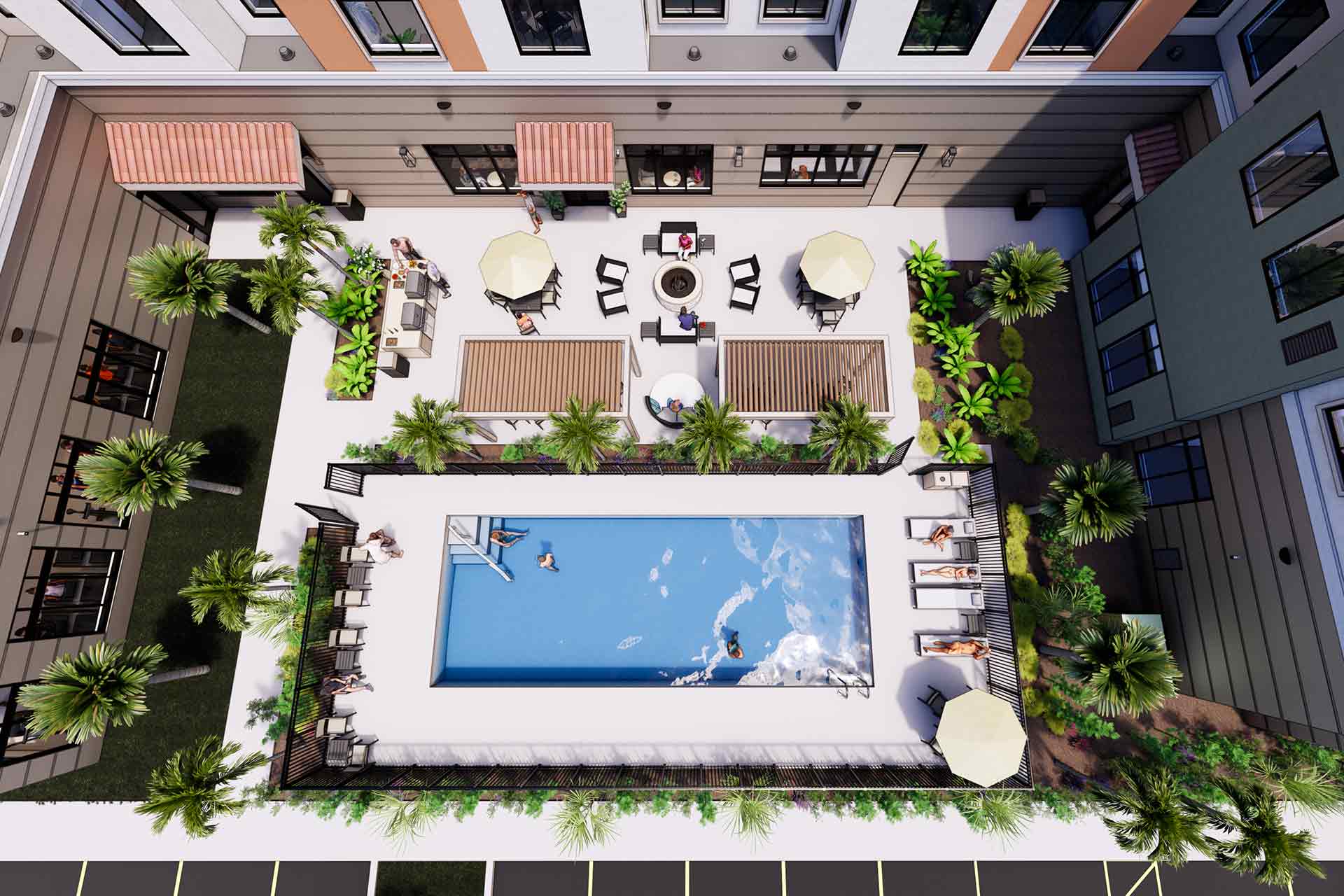 Aerial rendering of hotel courtyard with pool
