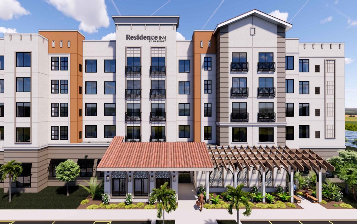 Exterior rendering of hotel in Mediterranean/Spanish style