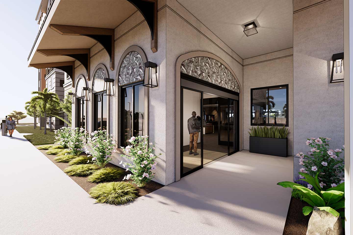 Rendering of Florida hotel vestibule with palm trees and flowers