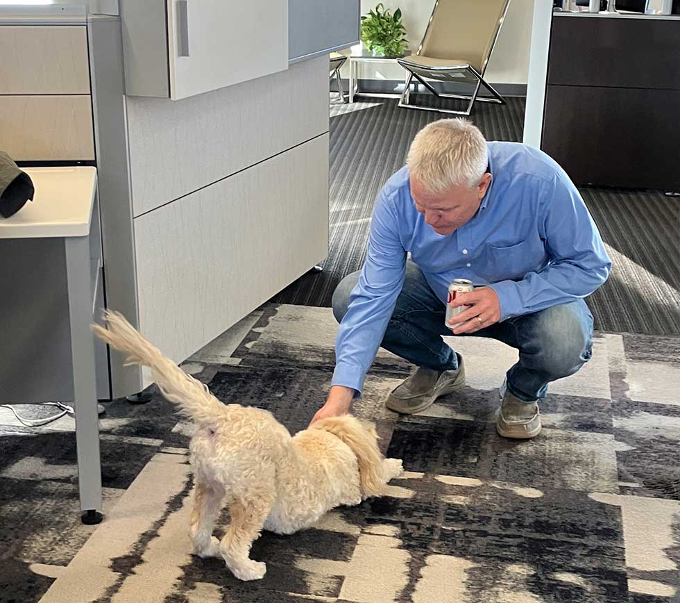 Architect in office petting a dog