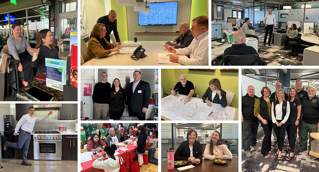 Collage of architects working and having fun