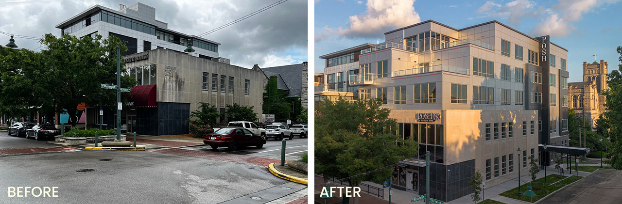 Before/after images of retrofit that transformed bank into hotel