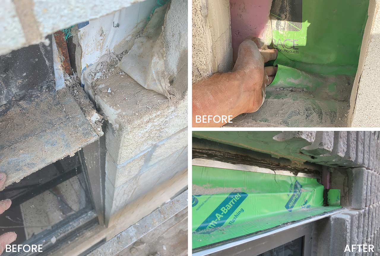 Before images of water leaking into walls and after images of facade repairs.