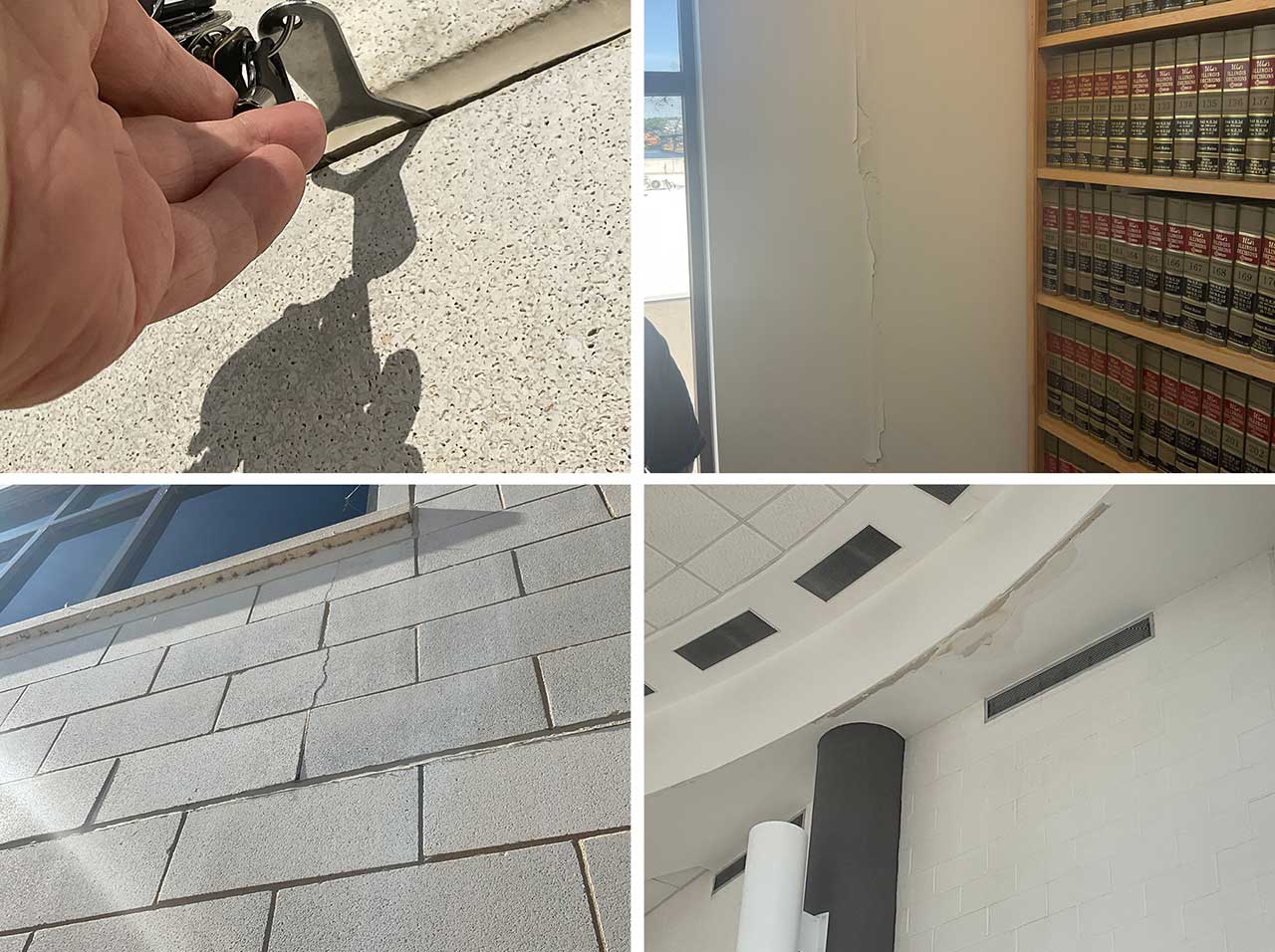 Collage showing concrete block cracks, gaps in sealant, and damaged drywall.