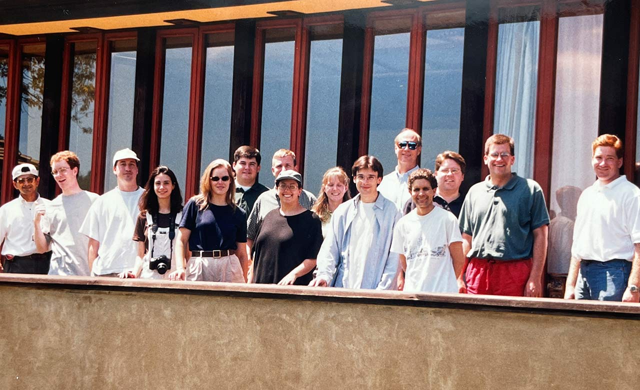 Architects standing on balcony at Taliesin home in Spring Green, Wisconsin