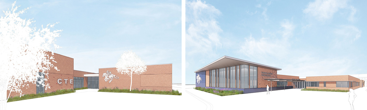 Exterior renderings of high school CTE expansion