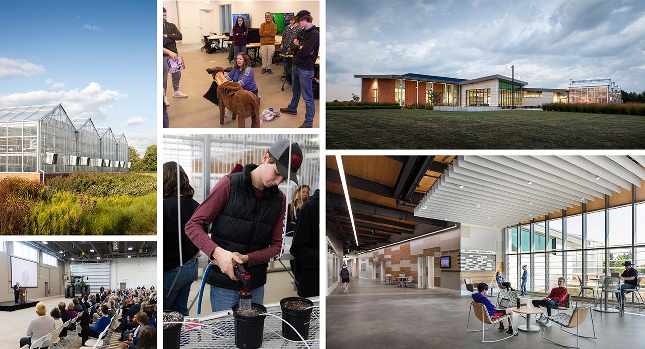 Collage of agriculture students performing various educational activities and images of agriculture complex