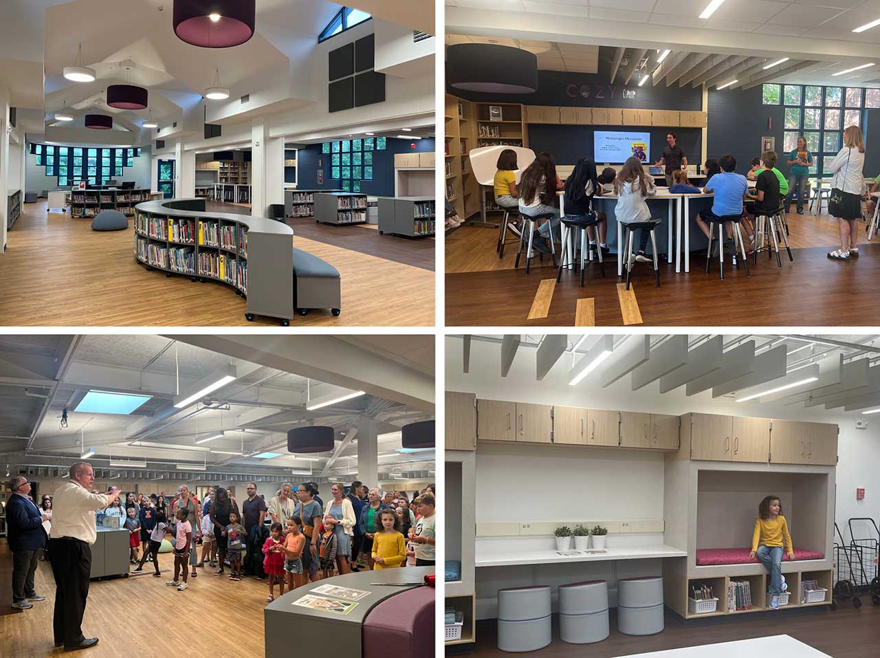 Collage of renovated elementary school libraries with modern furniture
