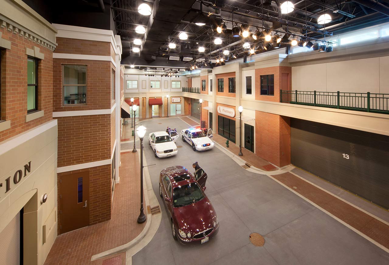 Interior first responder training environment that resembles a town