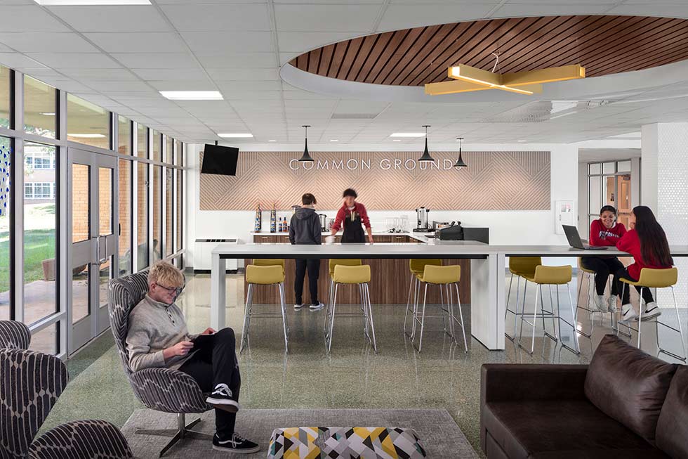 High school cafe with couch and high-top seating