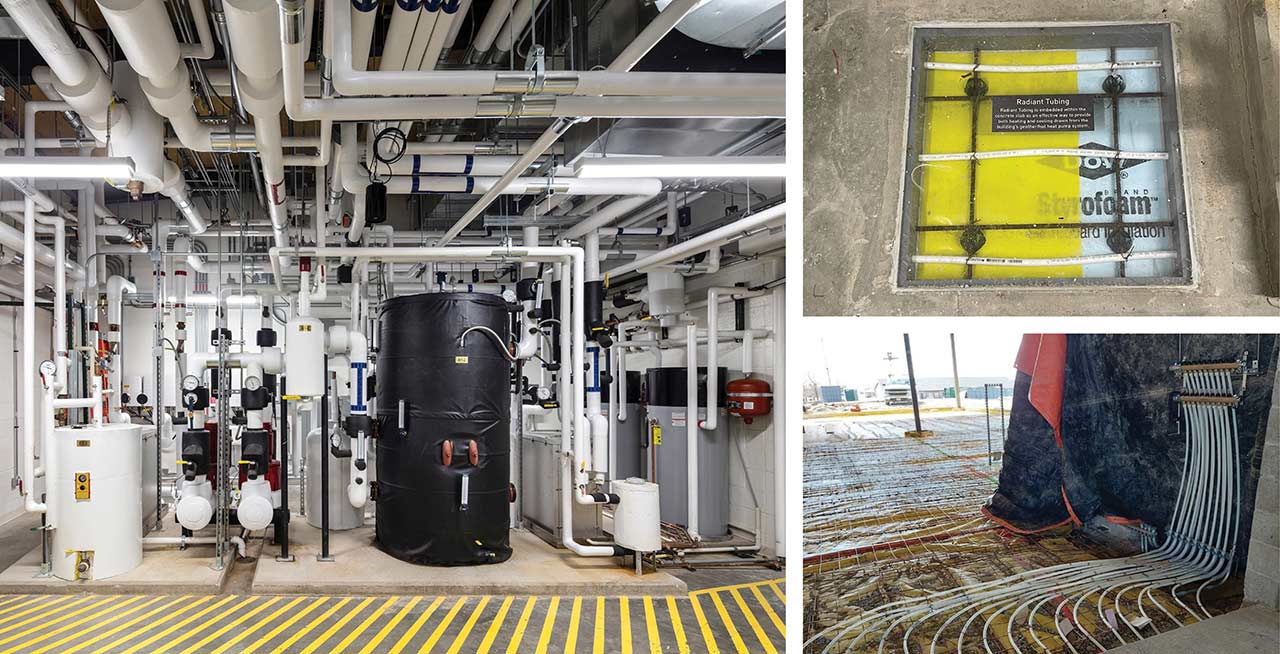 Mechanical room with geothermal system, exposed radiant flooring