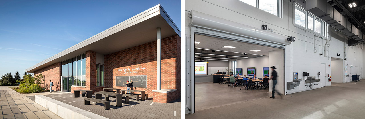 Outdoor classroom and corridor with overhead door that opens to a lab