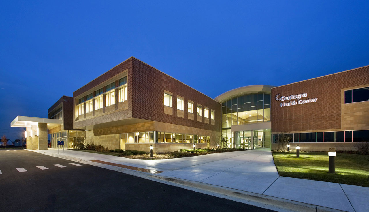 Medical office building entry at night